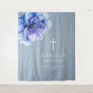 Tenture Fond de baptême floral aquarelle élégant bleu
