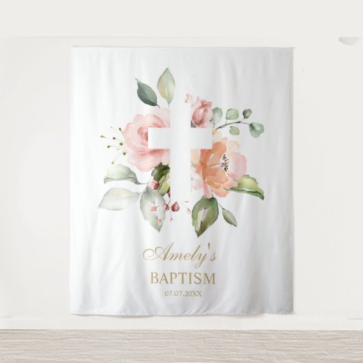Tenture Fond de baptême pour fille - Croix de fleurs rose (Devant)