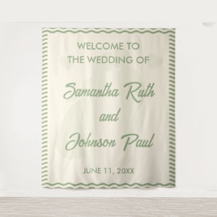 Tenture Fond de Bienvenue de Mariage à Rayures Vert Sage M