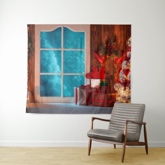 Tenture Fond de cabane d'arbre de Noël en hiver Xmas (En situation (horizontale))