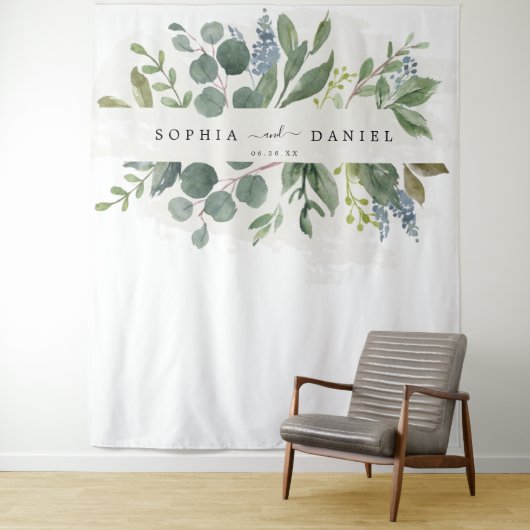 Tenture Fond de décor pour mariage en eucalyptus bleu pous (En situation)