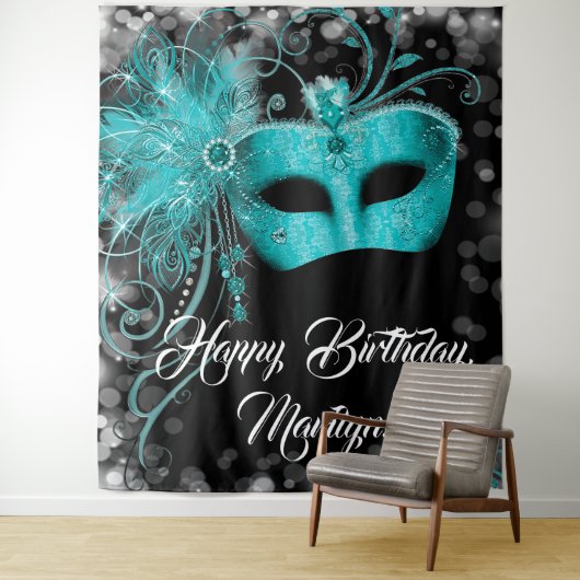 Tenture Fond de fête d'anniversaire masqué bleu sarcelle (En situation)