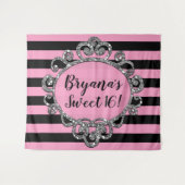 Tenture Fond de fête d'anniversaire rayé argent noir rose (Devant (Horizontal))