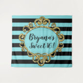 Tenture Fond de fête d'anniversaire rayé d'or Aqua Black (Devant (Horizontal))
