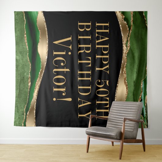 Tenture Fond de fête d'anniversaire vert émeraude doré pou (En situation (horizontale))