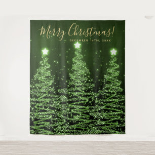Tenture Fond de fête doré vert Joyeux Noël Arbres