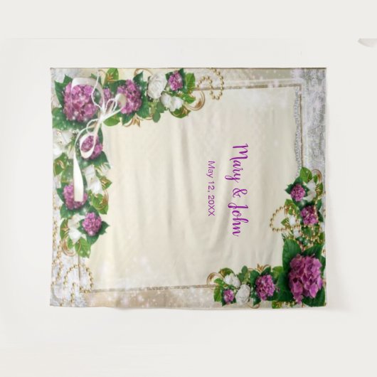 Tenture Fond de mariage à la dentelle et hydrangea pourpre (Devant (Horizontal))