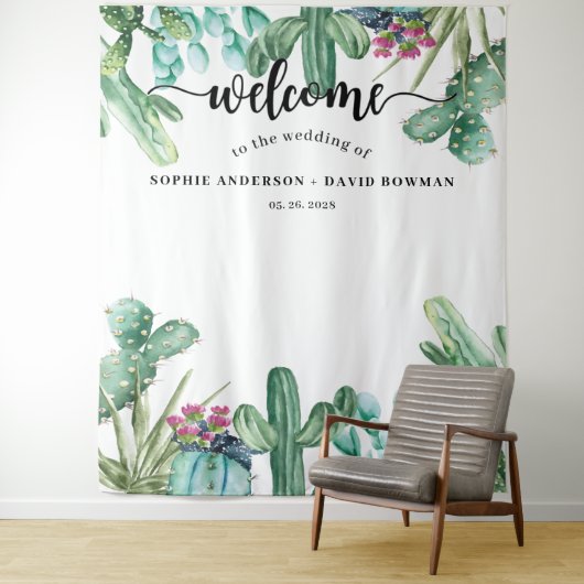 Tenture Fond de mariage à l'aquarelle Cactus Succulent (En situation)