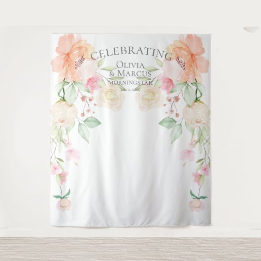 Tenture Fond de mariage aux pivoines ivoire corail pastel (Devant)