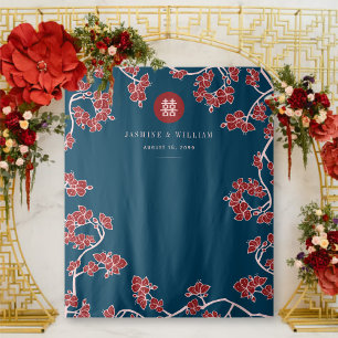 Tenture Fond de mariage chinois Double Xi fleurs de prunie