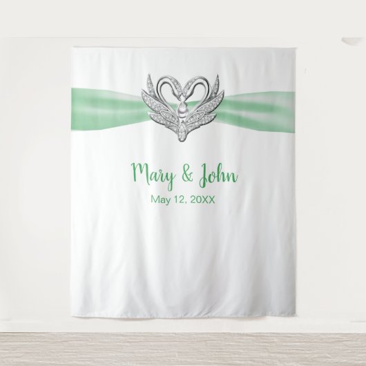 Tenture Fond de mariage Cygnes Argent Ruban Vert (Devant)