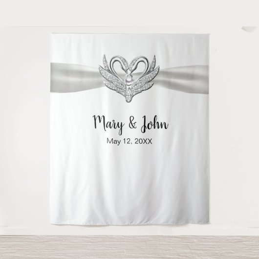 Tenture Fond de mariage Cygnes argentés Ruban blanc (Devant)