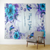 Tenture Fond de mariage floral bleu et papillon (En situation (horizontale))