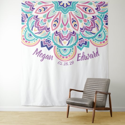 Tenture Fond de mariage floral moderne turquoise et violet (En situation)