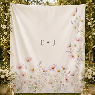 Tenture Fond de mariage monogramme aux fleurs sauvages boh