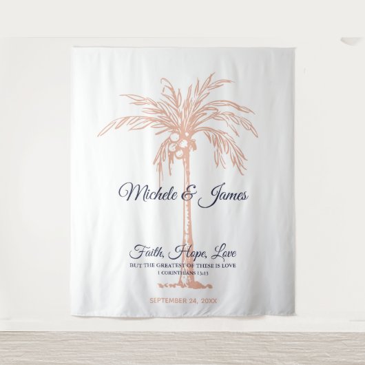 Tenture Fond de mariage palmier or rose bleu marine (Devant)