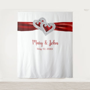 Tenture Fond de mariage ruban rouge coeurs de diamant