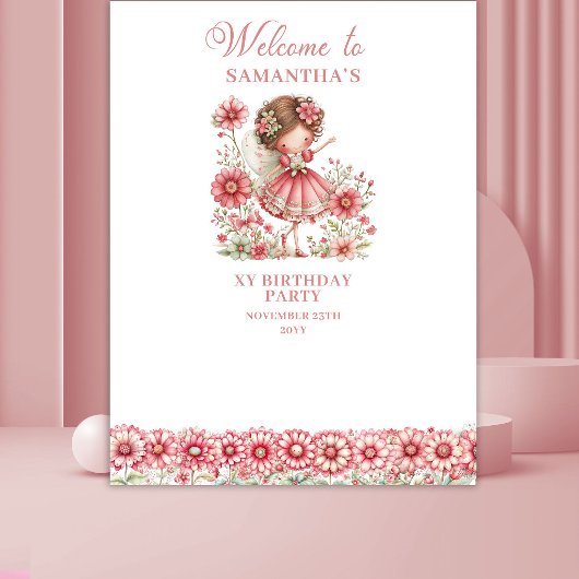 Tenture Fond de naissance fantaisiste fée rose fleurs