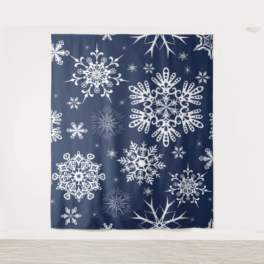 Tenture Fond de Noël à motif de flocon de neige bleu blanc (Devant)