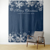 Tenture Fond de Noël Fêtes Flocons d'Argent Bleu Marine (En situation)