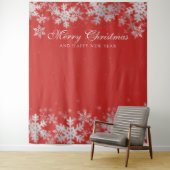 Tenture Fond de Noël Fêtes Flocons d'Argent Rouges (En situation)