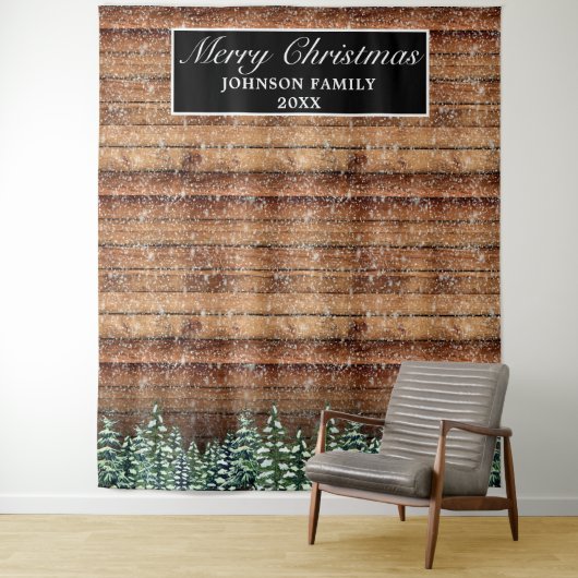 Tenture Fond de photo de forêt enneigée Joyeux Noël en boi (En situation)