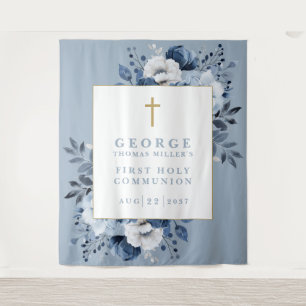 Tenture Fond de photo de première communion fleuri bleu po