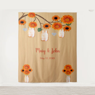 Tenture Fond de photo en bocal Mason fleuri orange en bois