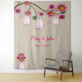 Tenture Fond de photo en toile de jute avec fleurs roses d (En situation)