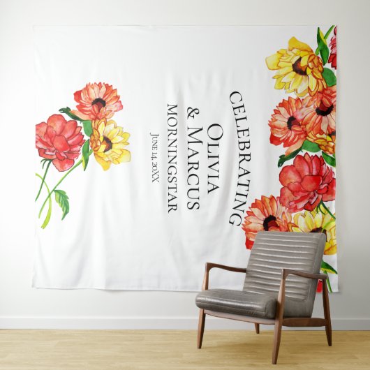 Tenture Fond de photo florale rouge et jaune aquarelle (En situation (horizontale))