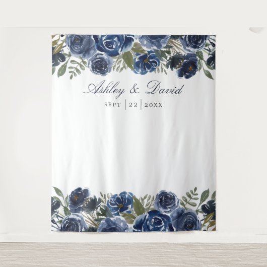 Tenture Fond de photomaton de mariage floral bleu marine (Devant)