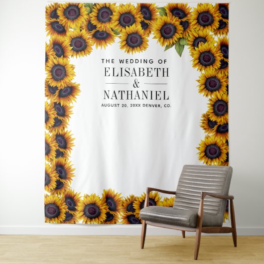 Tenture Fond de photomaton de mariage rustique tournesols (En situation)