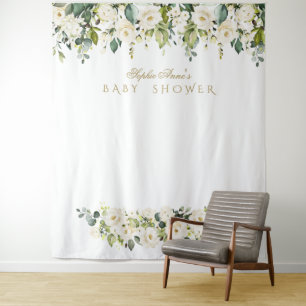Tenture Fond de photomaton pour Baby Shower Fleurs Blanche