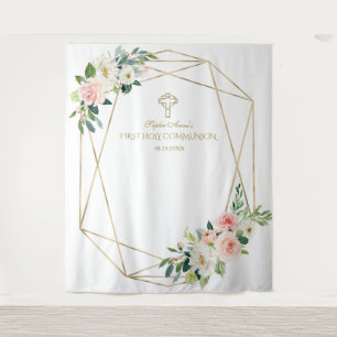 Tenture Fond de Première Communion avec cadre doré et fleu
