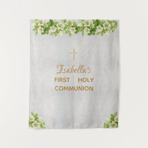 Tenture Fond de Première Communion Croix dorée Marbre Lys