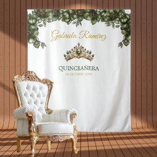 Tenture Fond de Quinceañera floral doré vert émeraude