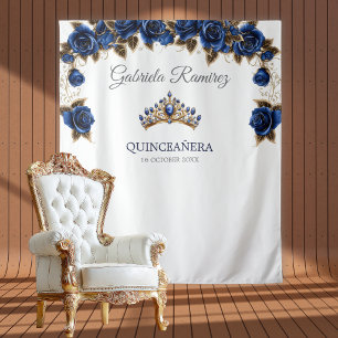 Tenture Fond de Quinceañera Roses Couronne Dorée Bleu Mari