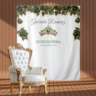 Tenture Fond de Quinceañera Roses Dorées Vert Emeraude