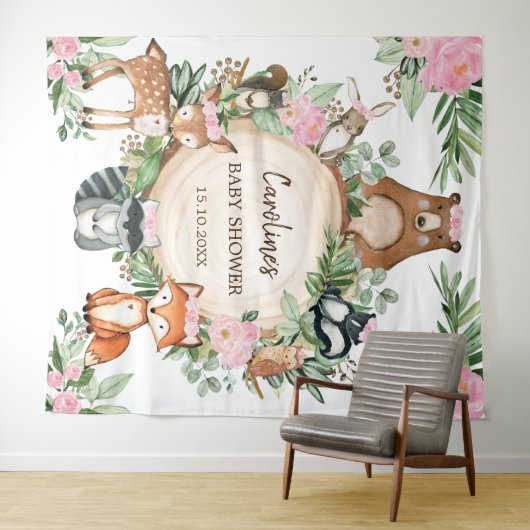 Tenture Fond de salle pour Baby Shower avec fleurs roses e (En situation (horizontale))