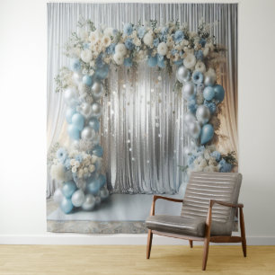 Tenture Fond de scène arche de ballons bleu pastel, flore