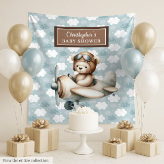 Tenture Fond de scène de baby shower avec un ours en peluc