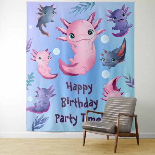 Tenture Fond de scène de fête d'anniversaire de Axolotls B (En situation)