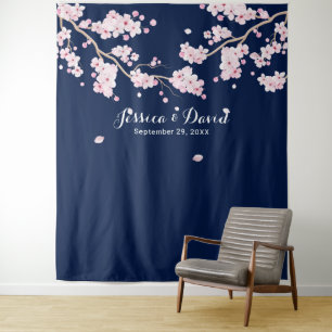 Tenture Fond de scène élégant à fleurs de cerisier en bleu