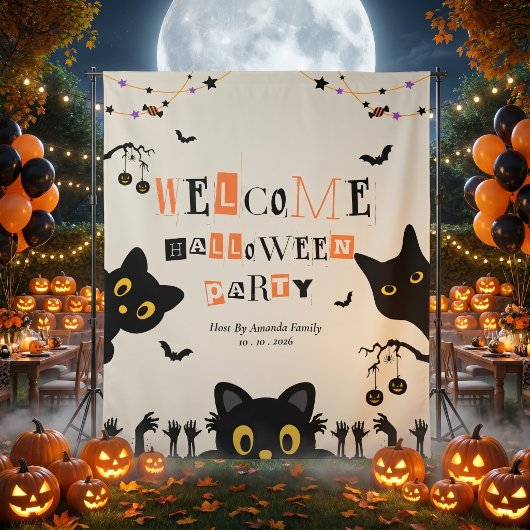 Tenture Fond de scène Halloween avec chat noir mignon