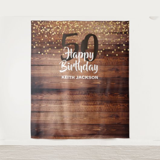 Tenture Fond de scène photo en bois rustique Joyeux Annive (Devant)