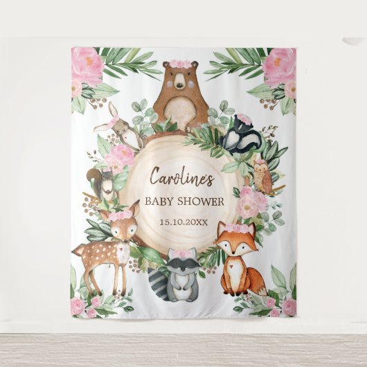 Tenture Fond de scène pour baby shower avec fleurs roses e (Devant)