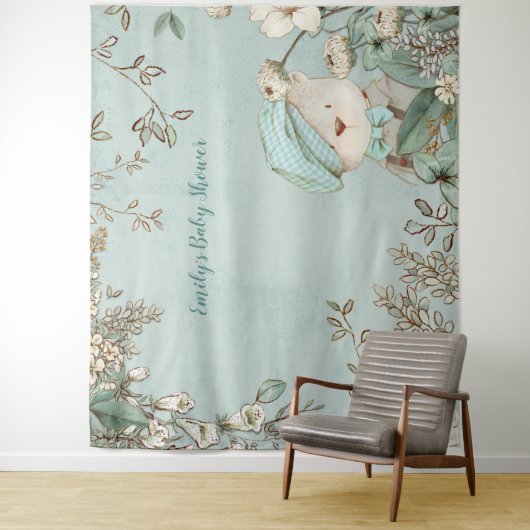 Tenture Fond de scène pour Baby Shower avec un ours mignon (En situation)