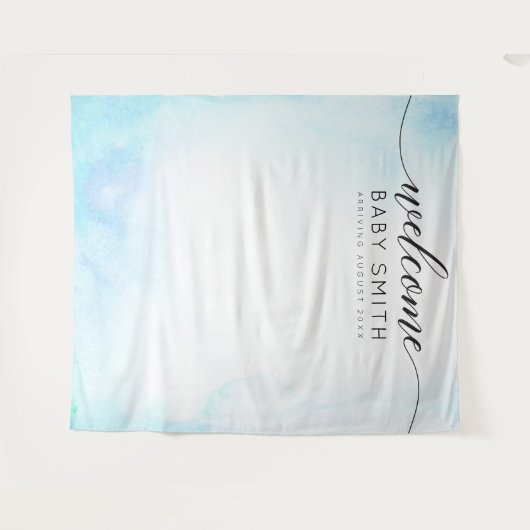 Tenture Fond de scène pour Baby Shower Bleu Bienvenue (Devant (Horizontal))