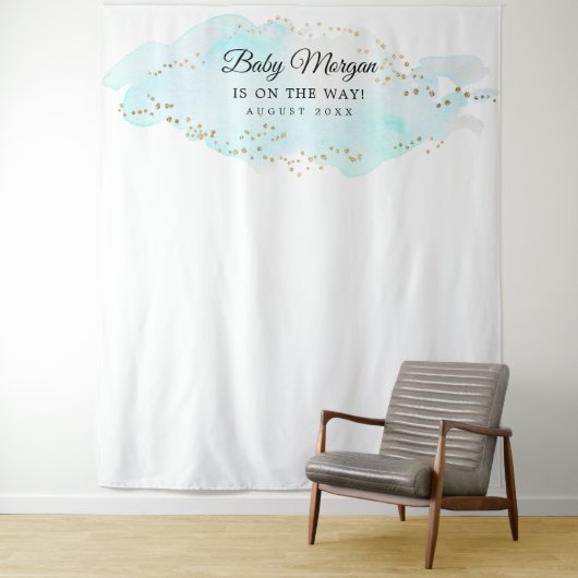 Tenture Fond de toile de fond pour Baby Shower Bleu et Or  (En situation)