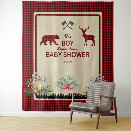 Tenture Fond de toile de fond pour Baby Shower Lumberjack  (En situation)